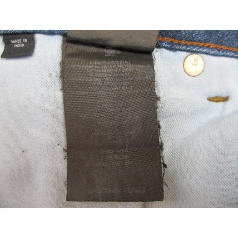 G-Star RAW 3301 Slim Jeans Mens 36x34 Blue Denim Button Fly Straight Fit Pants